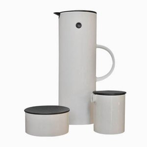 Danish White Model EM77 Thermos, Sugar Bowl, and Creamer Set by Erik Magnussen for Stelton, 1970s, Set of 6-VRE-715603