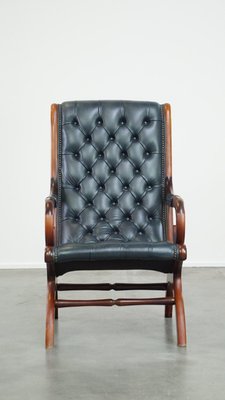 Dark Blue Chesterfield Armchair in Leather and Combined with Wood-HPP-2024322