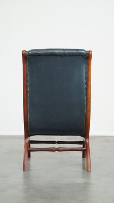 Dark Blue Chesterfield Armchair in Leather and Combined with Wood-HPP-2024322