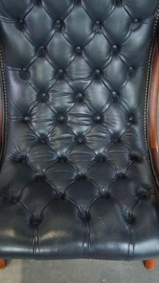 Dark Blue Chesterfield Armchair in Leather and Combined with Wood-HPP-2024322