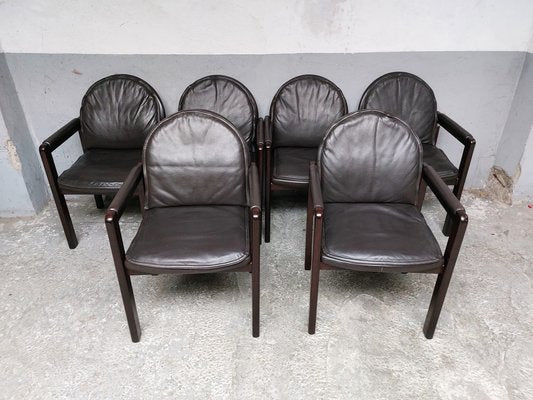 Dark Brown Leather and Wood Dining Armchairs from Bulo, 1980s, Set of 6-AIF-1798983