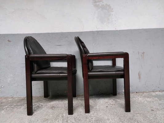 Dark Brown Leather and Wood Dining Armchairs from Bulo, 1980s, Set of 6-AIF-1798983