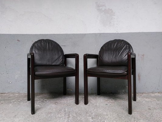 Dark Brown Leather and Wood Dining Armchairs from Bulo, 1980s, Set of 6-AIF-1798983