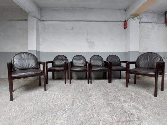 Dark Brown Leather and Wood Dining Armchairs from Bulo, 1980s, Set of 6-AIF-1798983