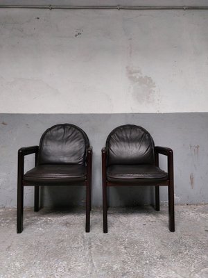 Dark Brown Leather and Wood Dining Armchairs from Bulo, 1980s, Set of 6-AIF-1798983