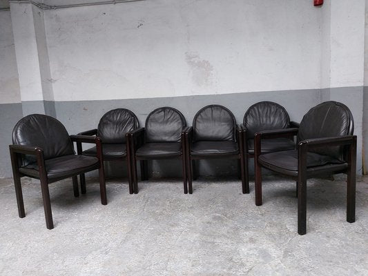 Dark Brown Leather and Wood Dining Armchairs from Bulo, 1980s, Set of 6-AIF-1798983