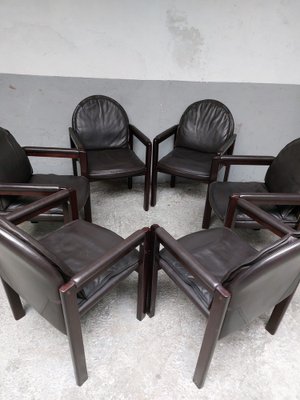 Dark Brown Leather and Wood Dining Armchairs from Bulo, 1980s, Set of 6-AIF-1798983