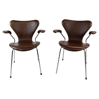 Dark Brown Leather Model 3207 Dining Chairs attributed to Arne Jacobsen for Fritz Hansen, 1980s, Set of 2-UY-1427387