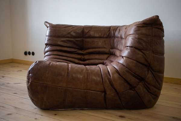 Dark Brown Leather Togo Corner Chair, 2- and 3-Seat Sofa by Michel Ducaroy for Ligne Roset, Set of 3-IXA-623833