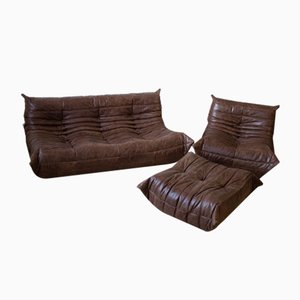 Dark Brown Leather Togo Lounge Chair, Pouf and 3-Seat Sofa by Michel Ducaroy for Ligne Roset, Set of 3-IXA-1288952