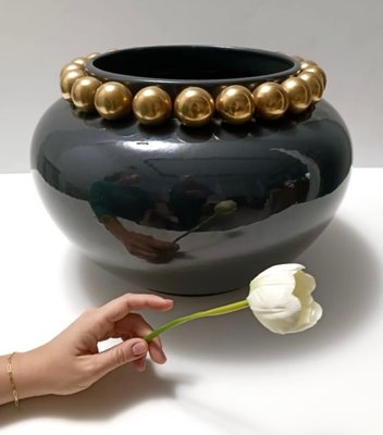 Dark Grey / Green Lacquered Ceramic Vase with Pure Gold Pearls, Italy, 1950s-JPQ-2018364