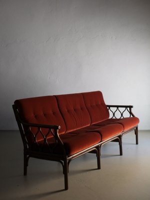 Dark Rattan 3-Seater Sofa with Velour Cushions, 1980s-UAO-1819510