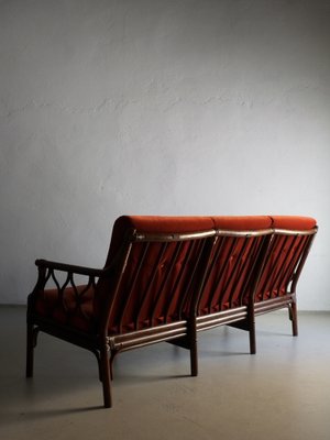 Dark Rattan 3-Seater Sofa with Velour Cushions, 1980s-UAO-1819510