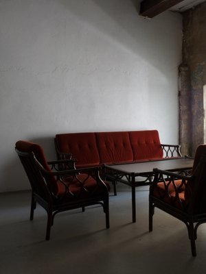 Dark Rattan 3-Seater Sofa with Velour Cushions, 1980s-UAO-1819510