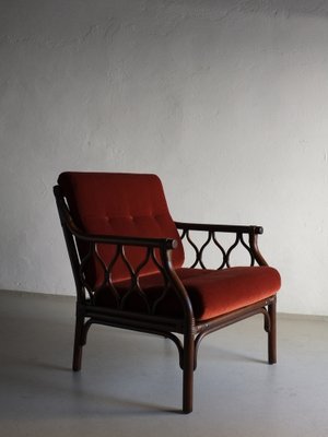 Dark Rattan and Velour Lounge Chair, 1980s-UAO-1819517