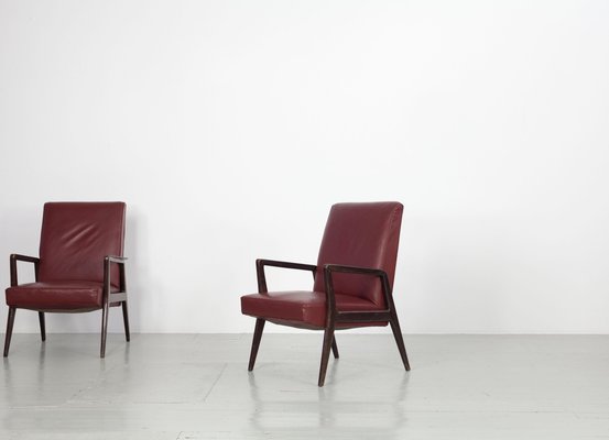 Dark Red Leatherette Armchairs, Italy, 1960s, Set of 5-AA-1087448