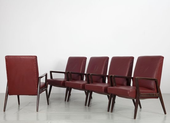 Dark Red Leatherette Armchairs, Italy, 1960s, Set of 5-AA-1087448