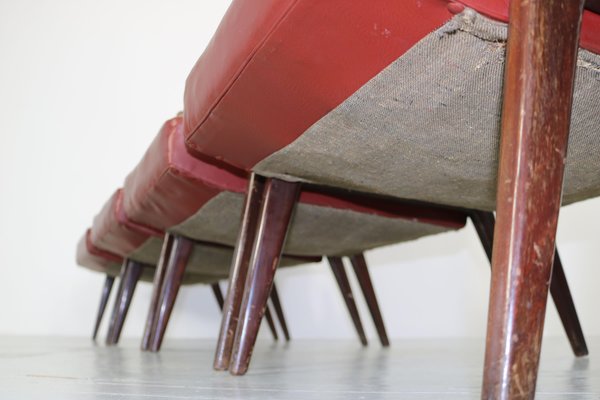 Dark Red Leatherette Armchairs, Italy, 1960s, Set of 5-AA-1087448