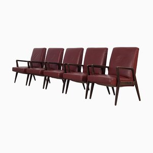 Dark Red Leatherette Armchairs, Italy, 1960s, Set of 5-AA-1087448