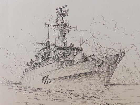 David Hawker, War Ship ink Painting, 1980s-ARU-811140