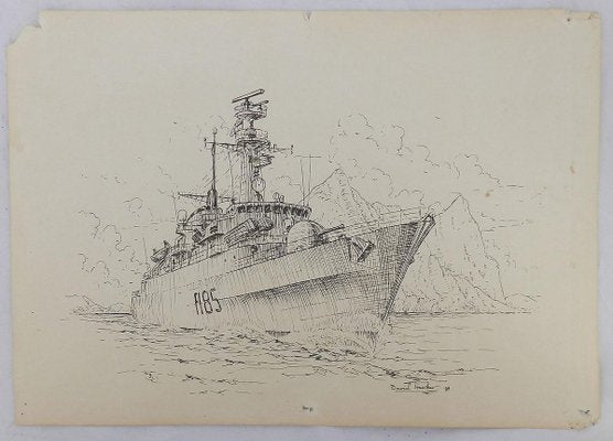 David Hawker, War Ship ink Painting, 1980s-ARU-811140