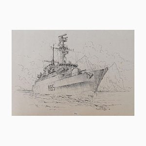 David Hawker, War Ship ink Painting, 1980s-ARU-811140