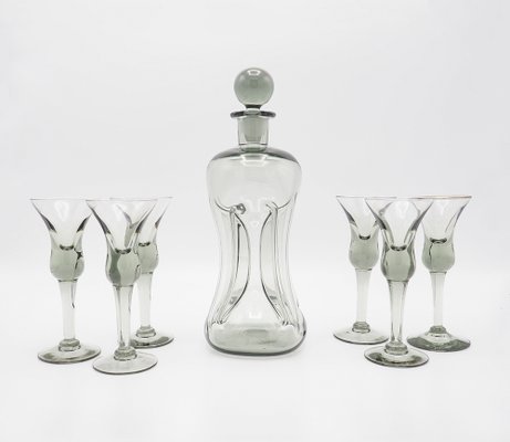 Decanter and Cordial Glasses in Grey Smoked Glass from Holmegaard Denmark, 1950s, Set of 7-SN-1176417