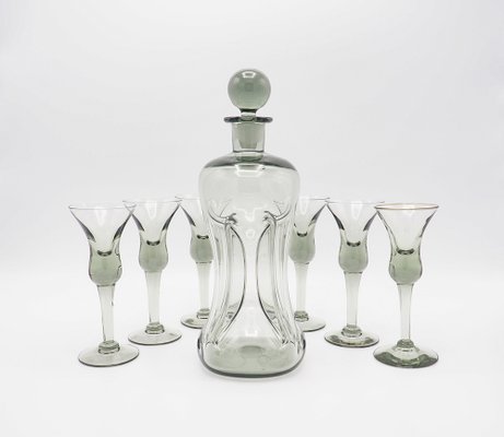 Decanter and Cordial Glasses in Grey Smoked Glass from Holmegaard Denmark, 1950s, Set of 7-SN-1176417