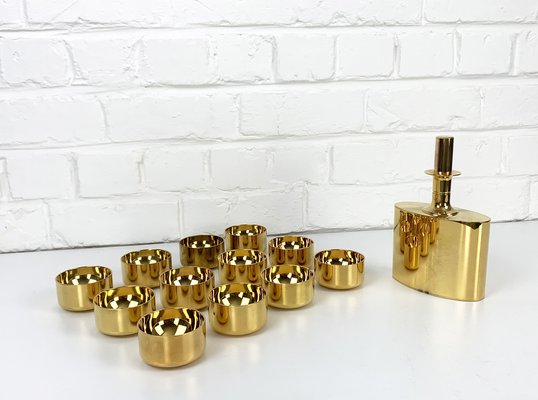 Decanter and Tumblers in Gold Plated Brass by Pierre Forsell for Skultuna, 1960s, Set of 13-ZM-1453799