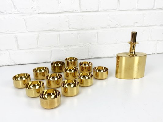 Decanter and Tumblers in Gold Plated Brass by Pierre Forsell for Skultuna, 1960s, Set of 13-ZM-1453799