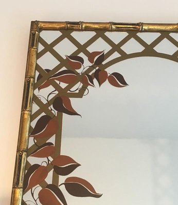 Decorative Faux Bamboo Gilt Wood Mirror with Printed Floral Decor, 1970s-BA-658399