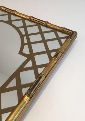 Decorative Faux Bamboo Gilt Wood Mirror with Printed Floral Decor, 1970s-BA-658399