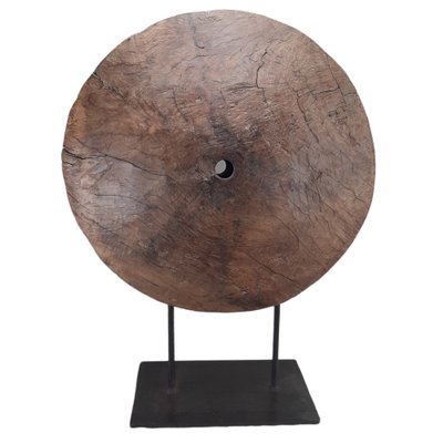 Decorative Round Wood Piece on Iron Stand-TCS-1264447