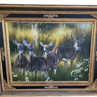 Deer Family, La Zagaleta, Spain, 1980s, Oil on Canvas, Framed-TCS-1737053