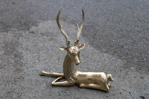 Deer Sculpture in Solid Brass, Italy, 1950s-EH-1072674