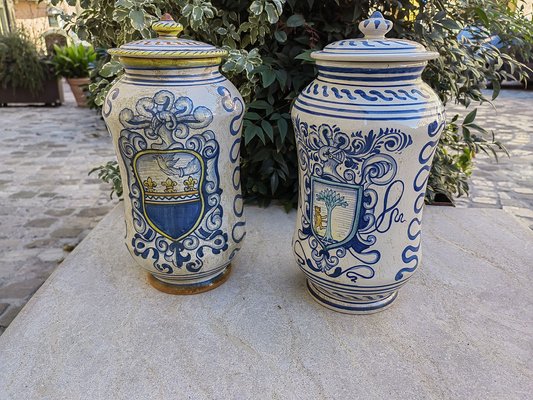 Deruta Pharmacy Vases Albarelli in White Ceramic with Blue Paintings, 1950s, Set of 2-ZFY-1757059