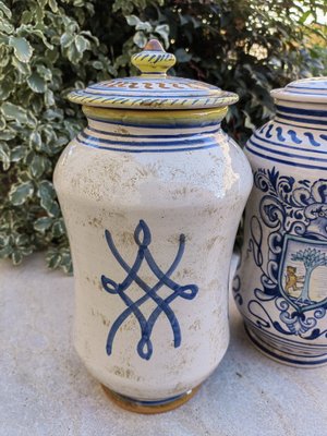 Deruta Pharmacy Vases Albarelli in White Ceramic with Blue Paintings, 1950s, Set of 2-ZFY-1757059