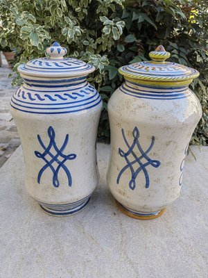 Deruta Pharmacy Vases Albarelli in White Ceramic with Blue Paintings, 1950s, Set of 2-ZFY-1757059