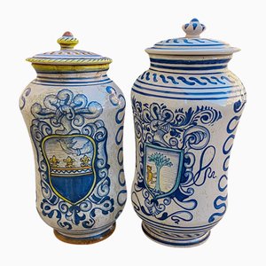 Deruta Pharmacy Vases Albarelli in White Ceramic with Blue Paintings, 1950s, Set of 2-ZFY-1757059