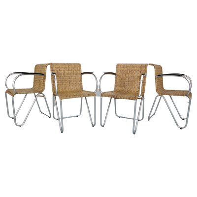 Diagonal Wicker & Tube Frame Armchairs from Gispen, 1930s, Set of 4-DT-2026198