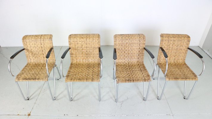 Diagonal Wicker & Tube Frame Armchairs from Gispen, 1930s, Set of 4-DT-2026198