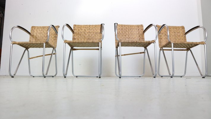 Diagonal Wicker & Tube Frame Armchairs from Gispen, 1930s, Set of 4-DT-2026198