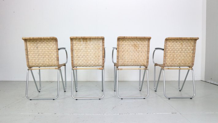 Diagonal Wicker & Tube Frame Armchairs from Gispen, 1930s, Set of 4-DT-2026198