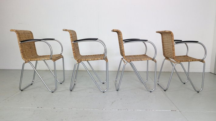 Diagonal Wicker & Tube Frame Armchairs from Gispen, 1930s, Set of 4-DT-2026198