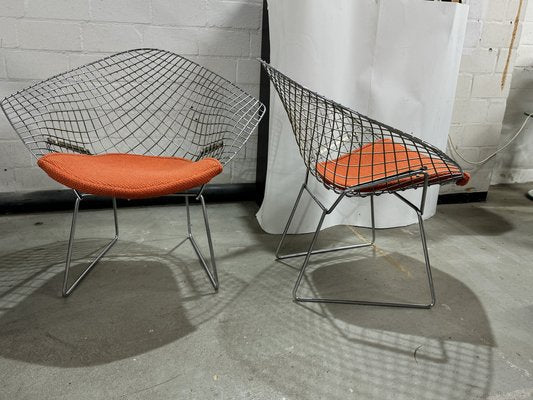 Diamond Chairs in Silver with Orange Seat by Harry Bertoia for Knoll, 1980s, Set of 2-JAG-1890419