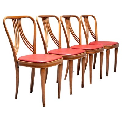 Dining Chairs in Blond Wood and Red Faux Leather, Italy, 1950s, Set of 4-ITV-1335198