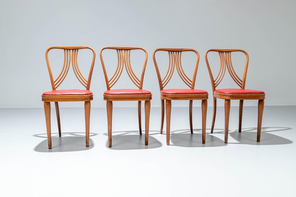 Dining Chairs in Blond Wood and Red Faux Leather, Italy, 1950s, Set of 4-ITV-1335198