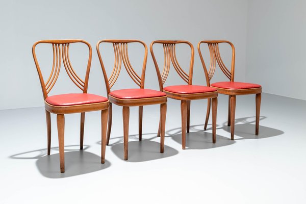 Dining Chairs in Blond Wood and Red Faux Leather, Italy, 1950s, Set of 4-ITV-1335198