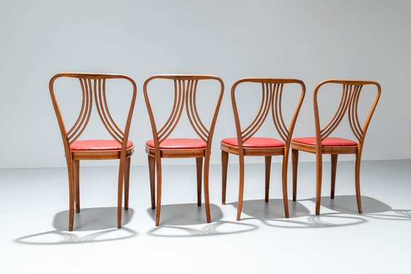 Dining Chairs in Blond Wood and Red Faux Leather, Italy, 1950s, Set of 4-ITV-1335198