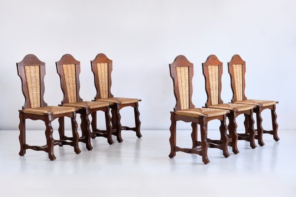 Dining Chairs in Oak and Rush Attributed to Victor Courtray, 1950s, Set of 6-FMT-960731